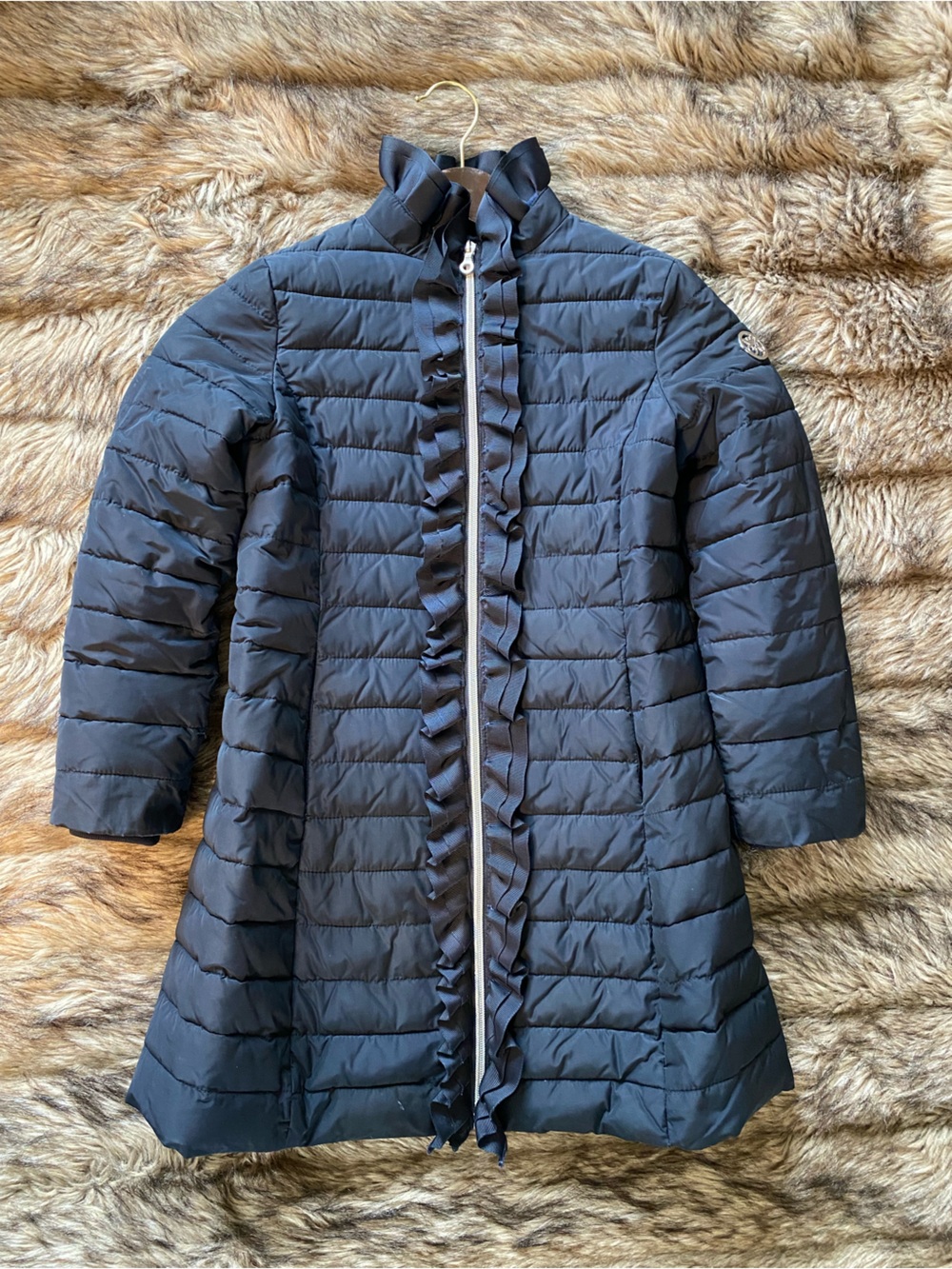 Armani Junior Navy Blue Quilted Puffer Coat with Ruffle Grosgrain Trim rain hood